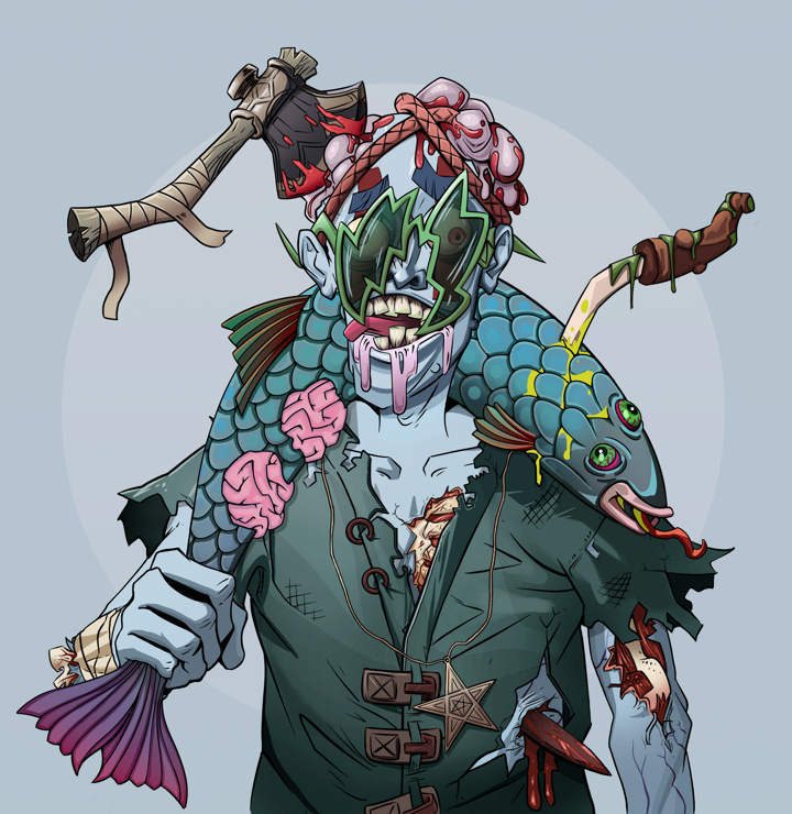 Drooling Azuma — Degen Dojo NFT art (Shirtless Runt, Grey Mist, Demons, Dirty Peasant Rags, Drooling Azuma, Shoji Glasses, Splitting Axe Ache, Dead Fish, Mint)