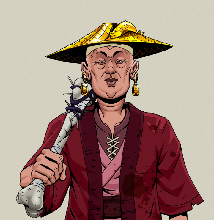 Fat Bob — Degen Dojo NFT art (Gold Earrings, Warm Grey, Degens, Red Warrior Kimono, Fat Bob, Shirtless Runt, Golden Kasa Fisherman, Spiky Femur, Mint)