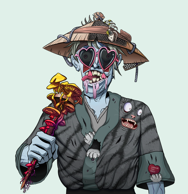 Drooling Azuma — Degen Dojo NFT art (Shirtless Runt, Teal Daytime, Demons, Cet Kimono, Drooling Azuma, Loveheart Shades, Wide Kasa Fisherman, Rusty Nail, Mint)