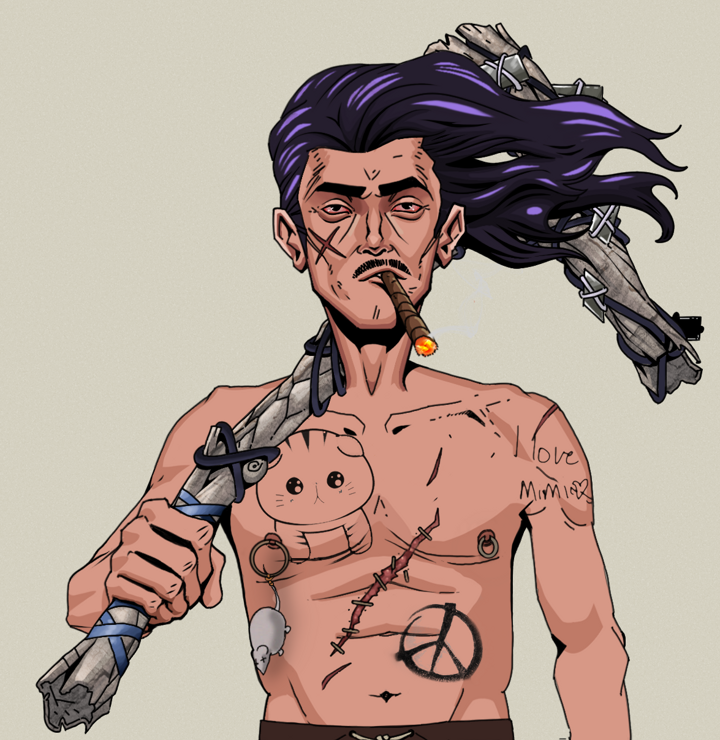 Raikou The Stoner — Degen Dojo NFT art (Shirtless Runt, Warm Grey, Degens, Recovering Alcoholic, Raikou The Stoner, Flowing Battousai, Large Branch, Mint)