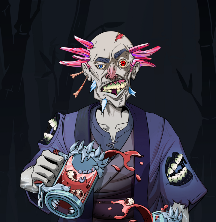 Akuma — Degen Dojo NFT art (Chicken Bones, Night Forest, Demons, Daimyo Warrior Kimono, Akuma, Shirtless Runt, Dejen Mohawk, Beer Splash, Mint)