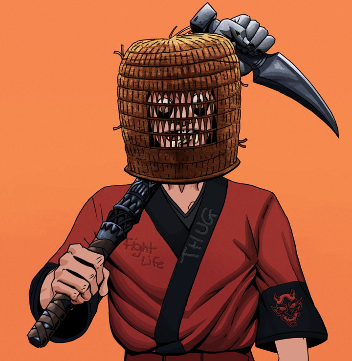 Drooling Azuma — Degen Dojo NFT art (Tassel, Orange Afternoon, Degens, Red Oni Kimono, Drooling Azuma, Shirtless Runt, Tengai Basket, Stone Fist-Sickle, Mint)