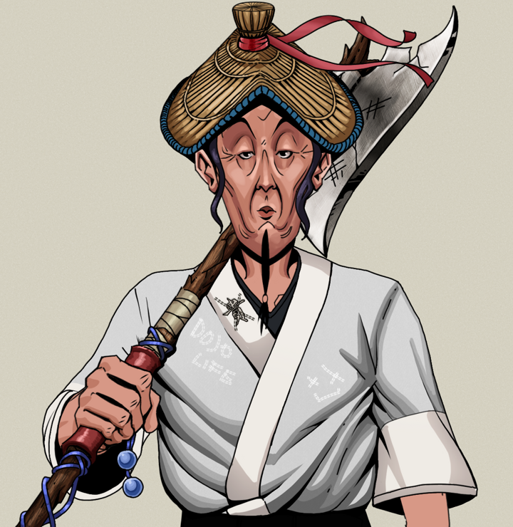 Edmundo — Degen Dojo NFT art (Shirtless Runt, Warm Grey, Degens, No Honor Kimono, Edmundo, High Straw Rice Hat, Broken Nagatina, Mint)