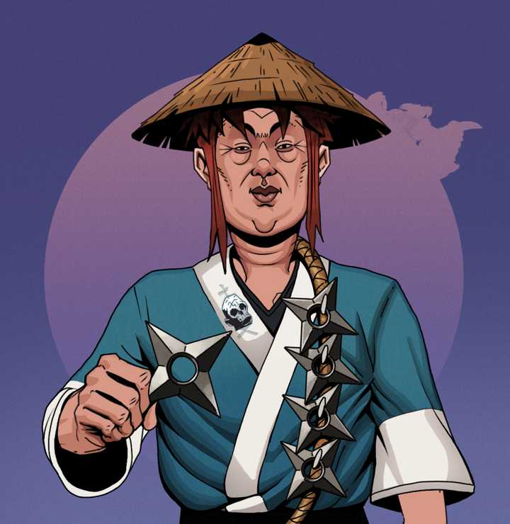 Fat Bob — Degen Dojo NFT art (Shirtless Runt, Purple Night, Degens, Skull Kimono, Fat Bob, Rice Hat, Shuriken Belt, Mint)