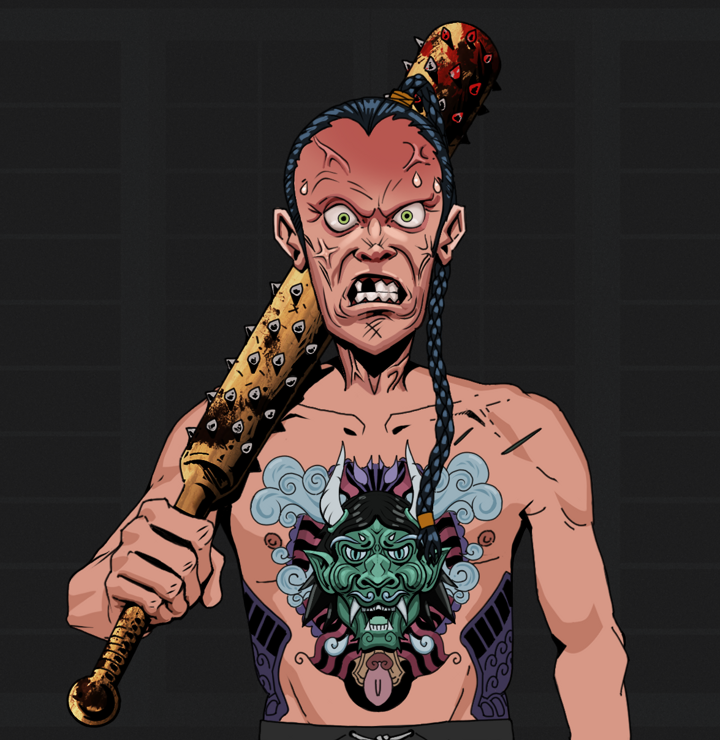 Angry Ikari — Degen Dojo NFT art (Shirtless Runt, Shoji Night, Degens, Blue Oni Tattoo, Angry Ikari, Braided Samurai Ponytail, Yakuza Club, Mint)