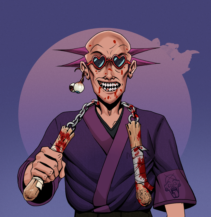 Assassin Fuzen — Degen Dojo NFT art (Shaman Eyes, Purple Night, Degens, Money Kimono, Assassin Fuzen, Loveheart Shades, Dejen Mohawk, Bloody Nunchucks, Mint)