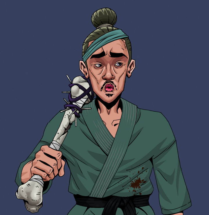 Masumi Steel — Degen Dojo NFT art (Shirtless Runt, Blue Evening, Degens, Fight Gi, Masumi Steel, Hair Bun, Spiky Femur, Mint)