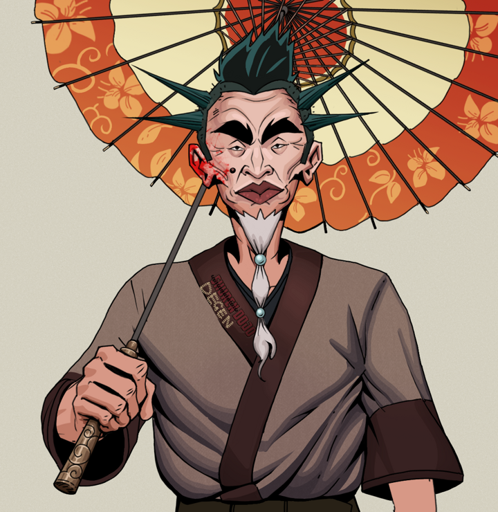 Yuji The Wise — Degen Dojo NFT art (Shirtless Runt, Warm Grey, Degens, Degen Dojo Kimono, Yuji The Wise, Yakuza Ruffian, Floral Parasol, Mint)