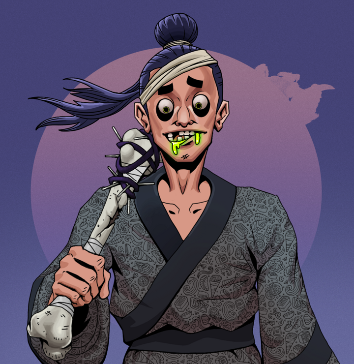 Toxic Azuma — Degen Dojo NFT art (Shirtless Runt, Purple Night, Degens, Sushi Love Loose Kimono, Toxic Azuma, Long Flowing, Spiky Femur, Mint)