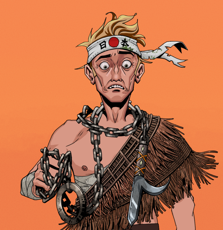 Shitless Botan — Degen Dojo NFT art (Shirtless Runt, Orange Afternoon, Degens, Dried Straw, Shitless Botan, Karate Headband, Heavy Kyoketsu, Mint)