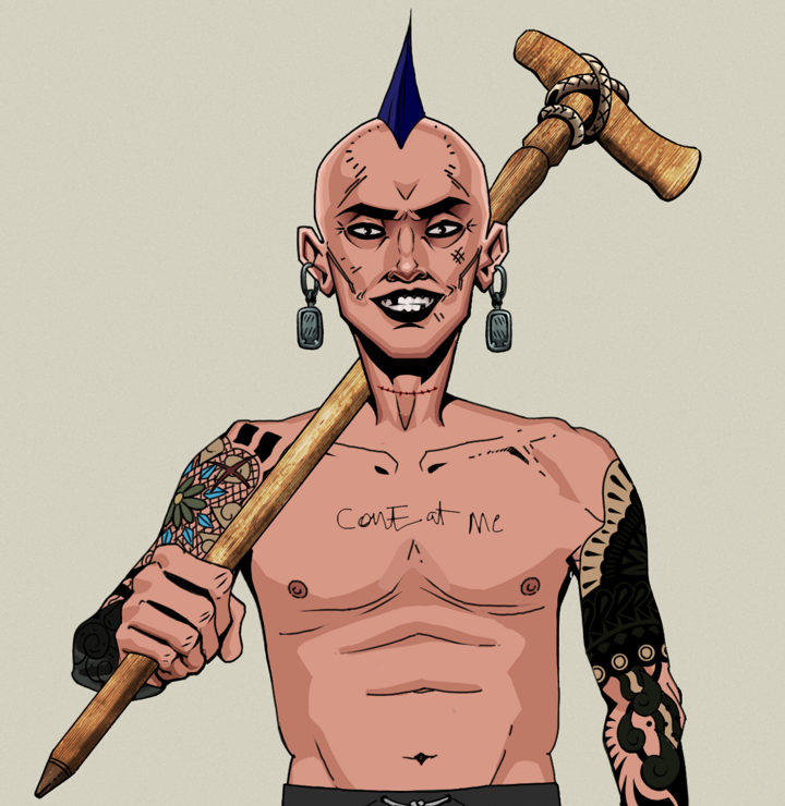 Junichiro Reborn — Degen Dojo NFT art (Iron Earrings, Warm Grey, Degens, Black Yakuza Sleeves, Junichiro Reborn, Shirtless Runt, Mohawk Spike, Wooden Walking Cane, Mint)