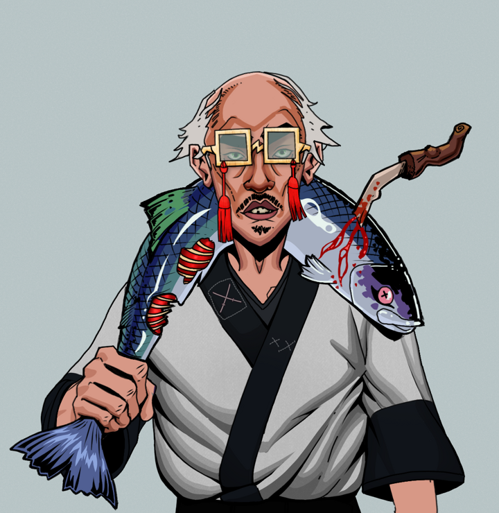 Gloomy Masumi — Degen Dojo NFT art (Shirtless Runt, Light Grey, Degens, Katana Kimono, Gloomy Masumi, Shoji Tassel Glasses, Kung Fu Master, Dead Fish, Mint)
