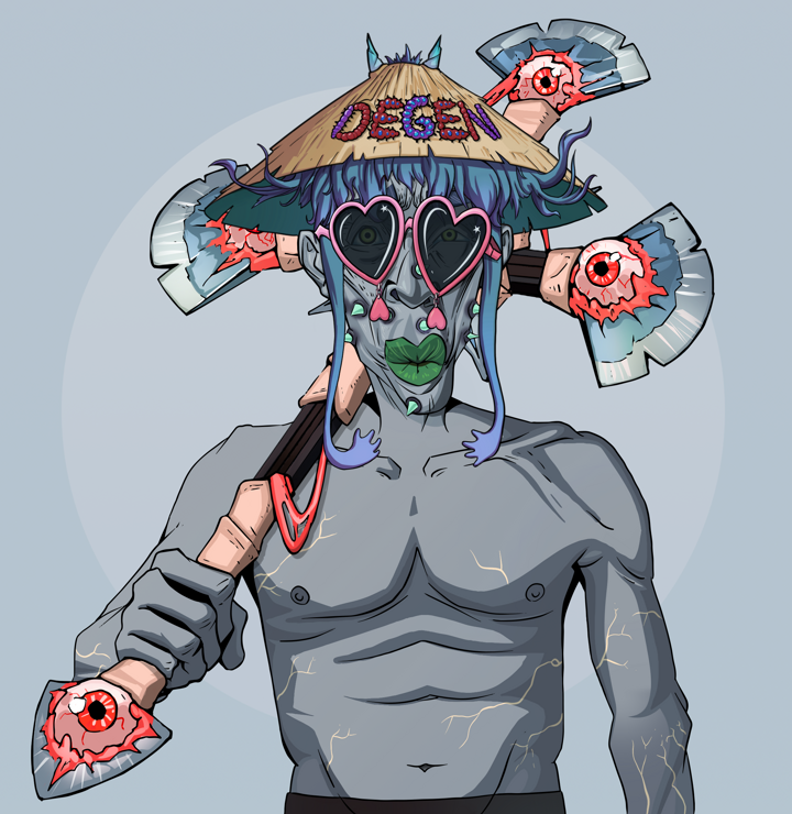 Gloomy Masumi — Degen Dojo NFT art (Shirtless Runt, Grey Mist, Demons, Gloomy Masumi, Loveheart Shades, Degen Graffiti Rice Hat, Jesuit Bloody Cross, Mint)