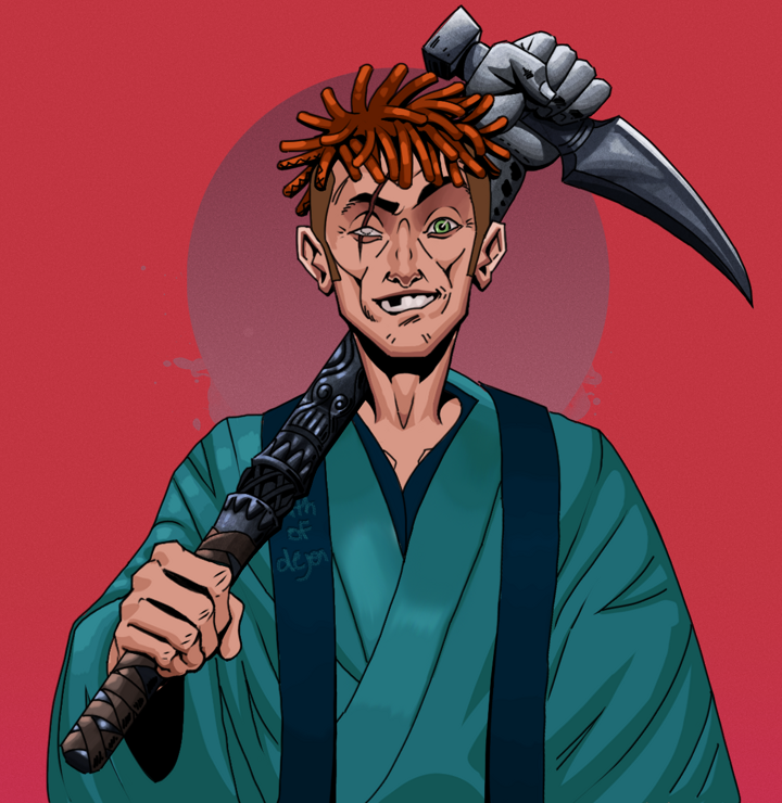 One-Eyed Itsuki — Degen Dojo NFT art (Shirtless Runt, Red High Moon, Degens, Dejen Apostate, One-Eyed Itsuki, Orange Bantu Knots, Stone Fist-Sickle, Mint)