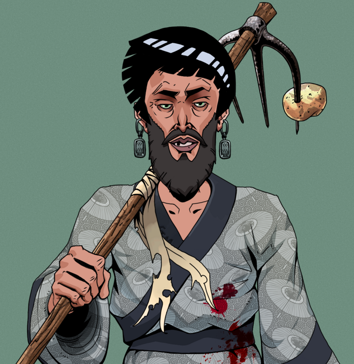 Serious Oleg — Degen Dojo NFT art (Iron Earrings, Olive Green, Degens, Loose Parasol Kimono, Serious Oleg, Shirtless Runt, Rock Lee, Farmers Hoe, Mint)