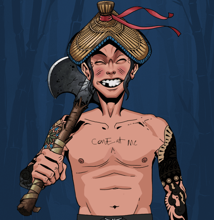 Cheery Haru — Degen Dojo NFT art (Shirtless Runt, Night Forest, Degens, Black Yakuza Sleeves, Cheery Haru, High Straw Rice Hat, Axe, Mint)