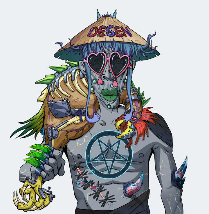 Gloomy Masumi — Degen Dojo NFT art (Shirtless Runt, Light Grey, Demons, Recovering Alcoholic, Gloomy Masumi, Loveheart Shades, Degen Graffiti Rice Hat, Chicken, Mint)