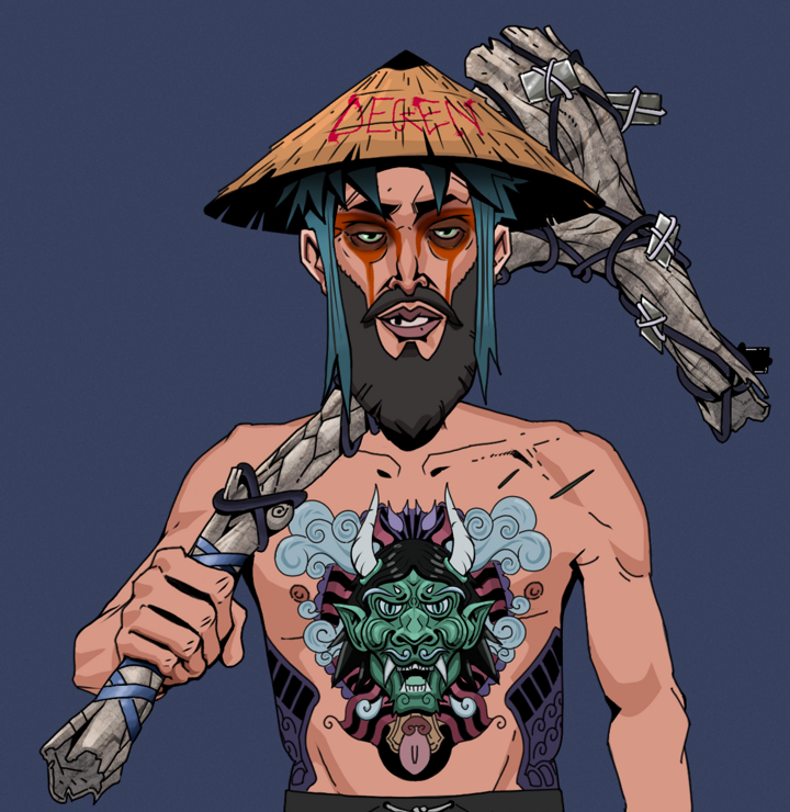 Oleg Of War — Degen Dojo NFT art (Shirtless Runt, Blue Evening, Degens, Blue Oni Tattoo, Oleg Of War, Degen Graffiti Rice Hat, Large Branch, Mint)