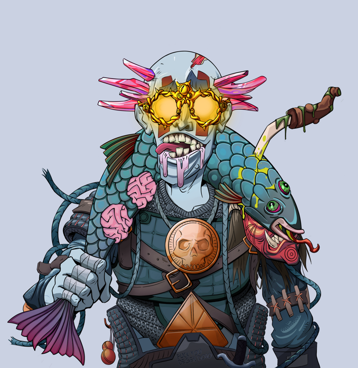 Drooling Azuma — Degen Dojo NFT art (Shirtless Runt, Blue Evening, Demons, Tatami Tosei Gusoku, Drooling Azuma, Golden Glasses, Dejen Mohawk, Dead Fish, Mint)