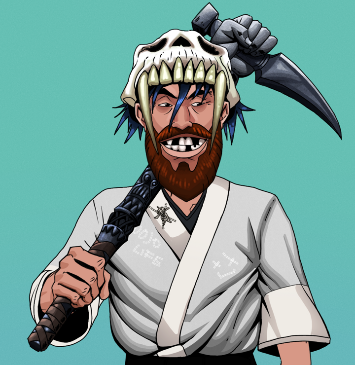 Igor The Bear — Degen Dojo NFT art (Shirtless Runt, Teal Daytime, Degens, No Honor Kimono, Igor The Bear, Sabertooth Skull, Stone Fist-Sickle, Mint)
