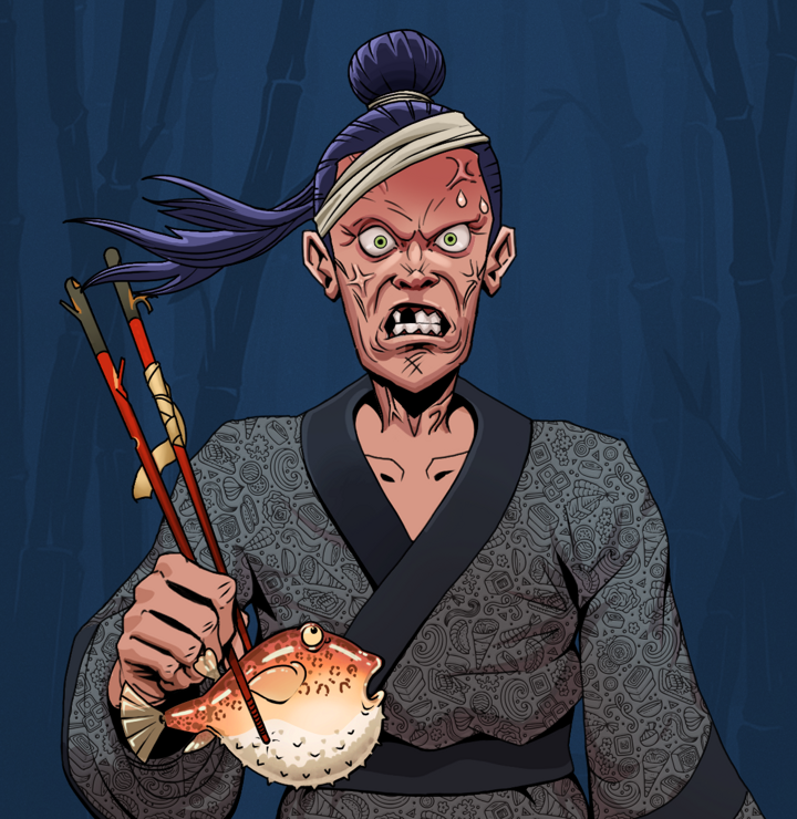 Angry Ikari — Degen Dojo NFT art (Shirtless Runt, Night Forest, Degens, Sushi Love Loose Kimono, Angry Ikari, Long Flowing, Frightened Fugu, Mint)