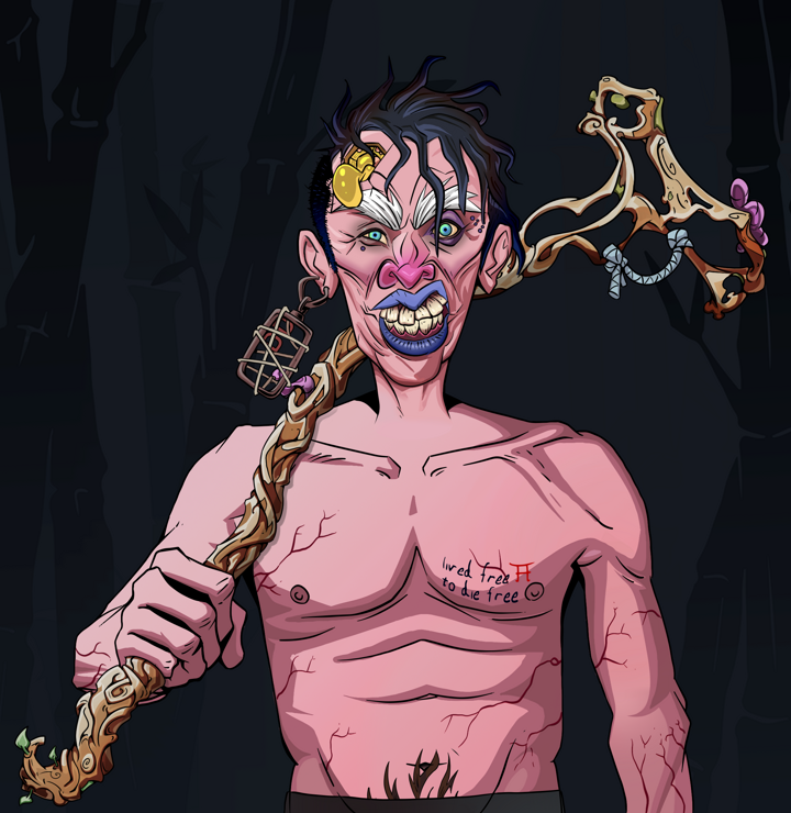Young Yuji — Degen Dojo NFT art (Dojo Paper Earring, Night Forest, Demons, Nudey Freak, Young Yuji, Shirtless Runt, Short Spiky Dark, Wooden Walking Cane, Mint)