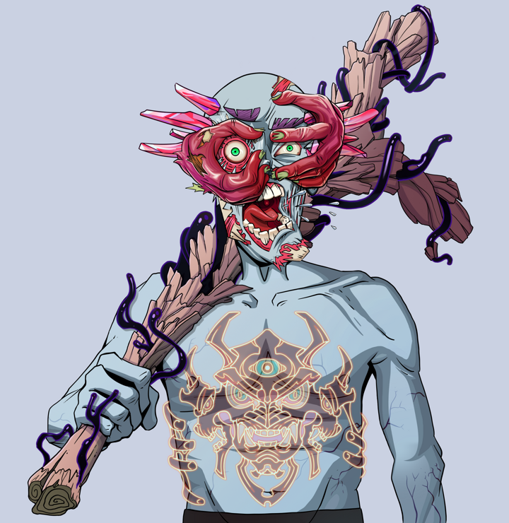 Tokuda — Degen Dojo NFT art (Shirtless Runt, Blue Evening, Demons, Red Oni Tattoo, Tokuda, Shoji Tassel Glasses, Dejen Mohawk, Large Branch, Mint)