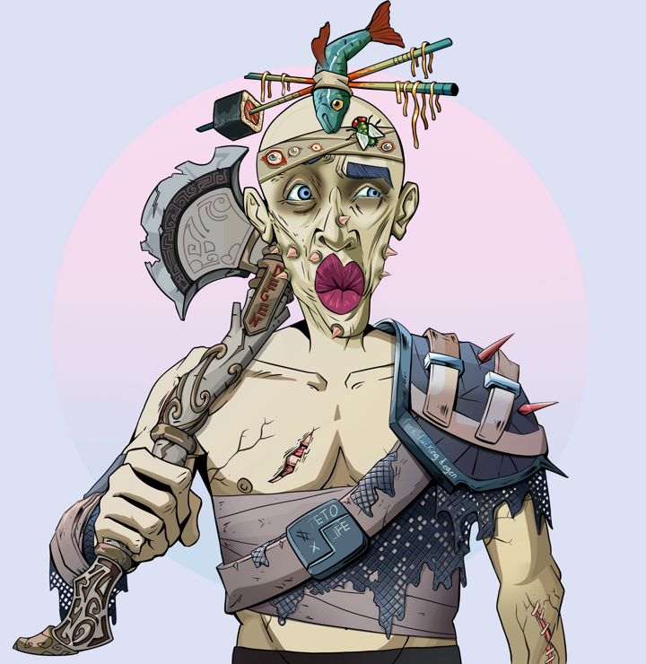 Masumi Steel — Degen Dojo NFT art (Shirtless Runt, Purple Night, Demons, Dried Straw, Masumi Steel, Hair Bun With Chopsticks, Axe, Mint)