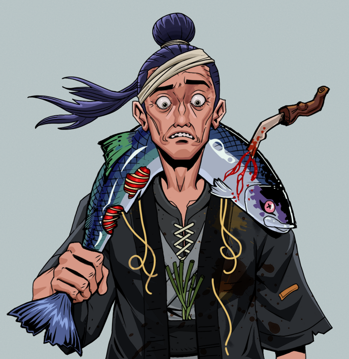 Shitless Botan — Degen Dojo NFT art (Shirtless Runt, Light Grey, Degens, Glutton Fight, Shitless Botan, Long Flowing, Dead Fish, Mint)