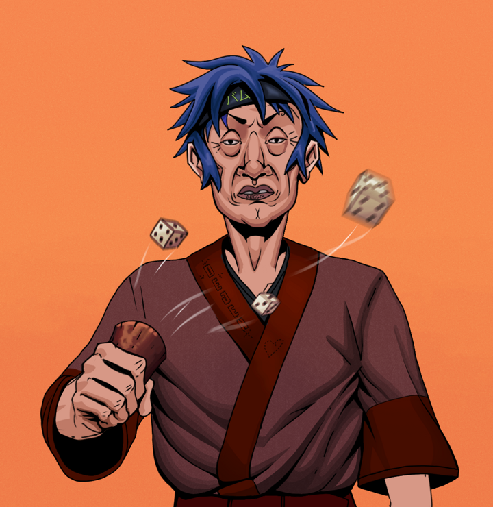 Goro — Degen Dojo NFT art (Shirtless Runt, Orange Afternoon, Degens, Proud Dejen Kimono, Goro, Bum Headband Ruffian, Chō-Han Gambling Dice, Mint)