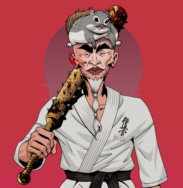 Yuji The Wise — Degen Dojo NFT art (Shirtless Runt, Red High Moon, Degens, Student Gi, Yuji The Wise, Mr. Momonga Hat, Yakuza Club, Mint)