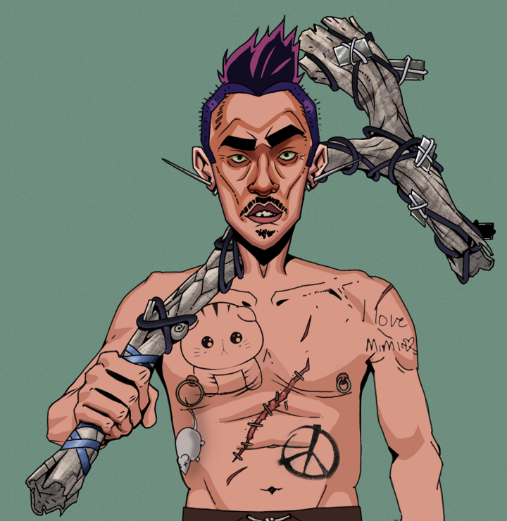 Gloomy Masumi — Degen Dojo NFT art (Nails, Olive Green, Degens, Recovering Alcoholic, Gloomy Masumi, Shirtless Runt, Yakuza Hooligan, Large Branch, Mint)