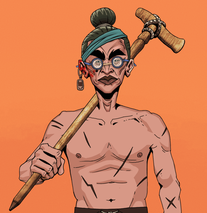 Young Yuji — Degen Dojo NFT art (Dojo Paper Earring, Orange Afternoon, Degens, Battle Scars, Young Yuji, Spectacles, Hair Bun, Wooden Walking Cane, Mint)