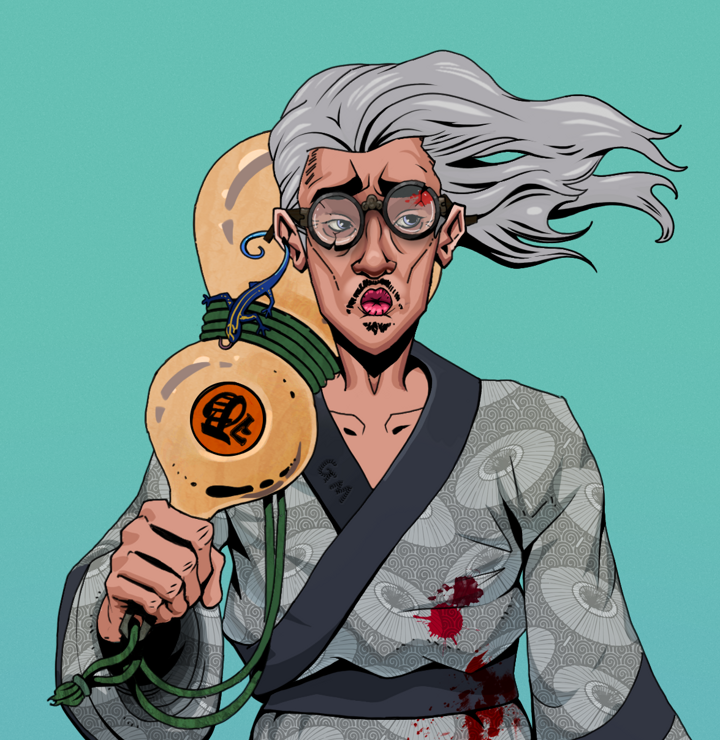 Masumi Steel — Degen Dojo NFT art (Lizard, Teal Daytime, Degens, Loose Parasol Kimono, Masumi Steel, Bloodied Glasses, Wise Greatness, Giant Sake Bottle, Mint)