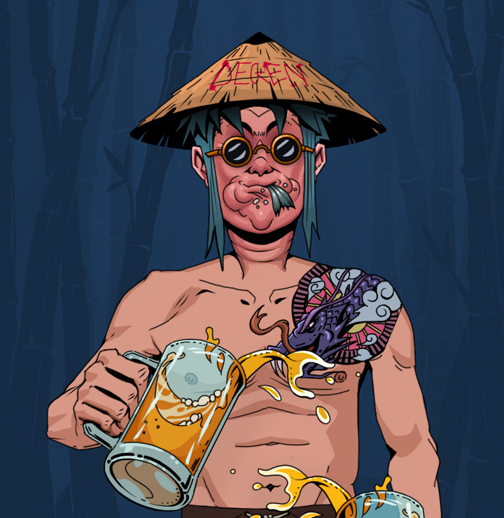 Fatty Bobsticks — Degen Dojo NFT art (Shirtless Runt, Night Forest, Degens, Dragon Head Tattoo, Fatty Bobsticks, Dark Spectacles, Degen Graffiti Rice Hat, Beer Splash, Mint)