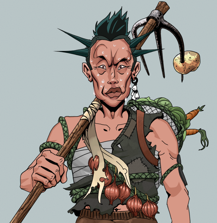 Stresshead Rin — Degen Dojo NFT art (Foes Teeth, Light Grey, Degens, Farmer, Stresshead Rin, Shirtless Runt, Yakuza Ruffian, Farmers Hoe, Mint)