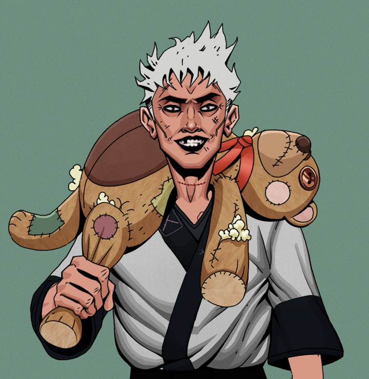 Junichiro Reborn — Degen Dojo NFT art (Shirtless Runt, Olive Green, Degens, Katana Kimono, Junichiro Reborn, Short Spiky Grey, Teddy Bear, Mint)