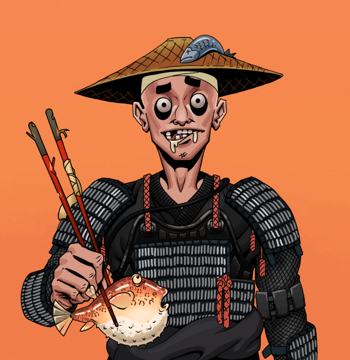 Drooling Azuma — Degen Dojo NFT art (Shirtless Runt, Orange Afternoon, Degens, Black Iron Tosei Gusoku, Drooling Azuma, Wide Kasa Fisherman, Frightened Fugu, Mint)