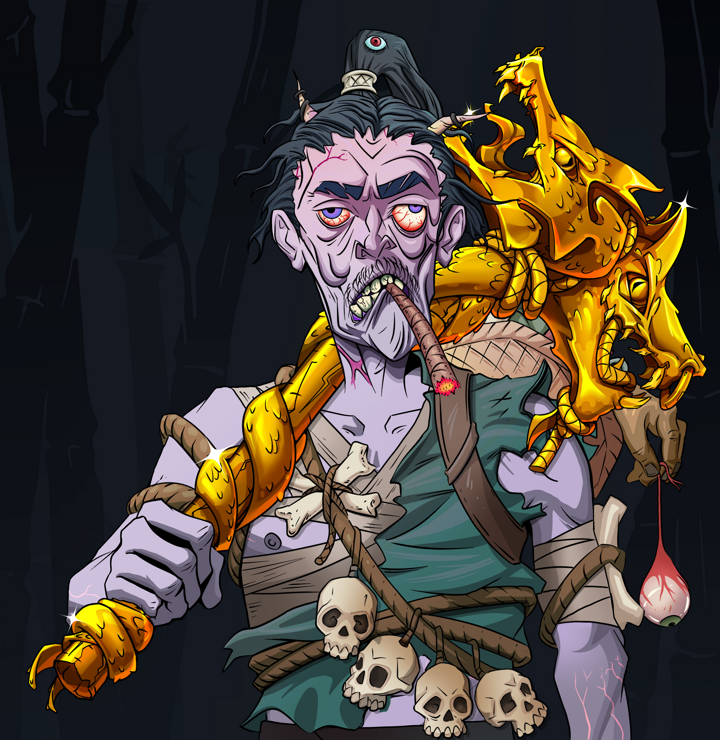 Raikou The Stoner — Degen Dojo NFT art (Shirtless Runt, Night Forest, Demons, Farmer, Raikou The Stoner, Messy Ponytail, Golden Warhammer, Mint)