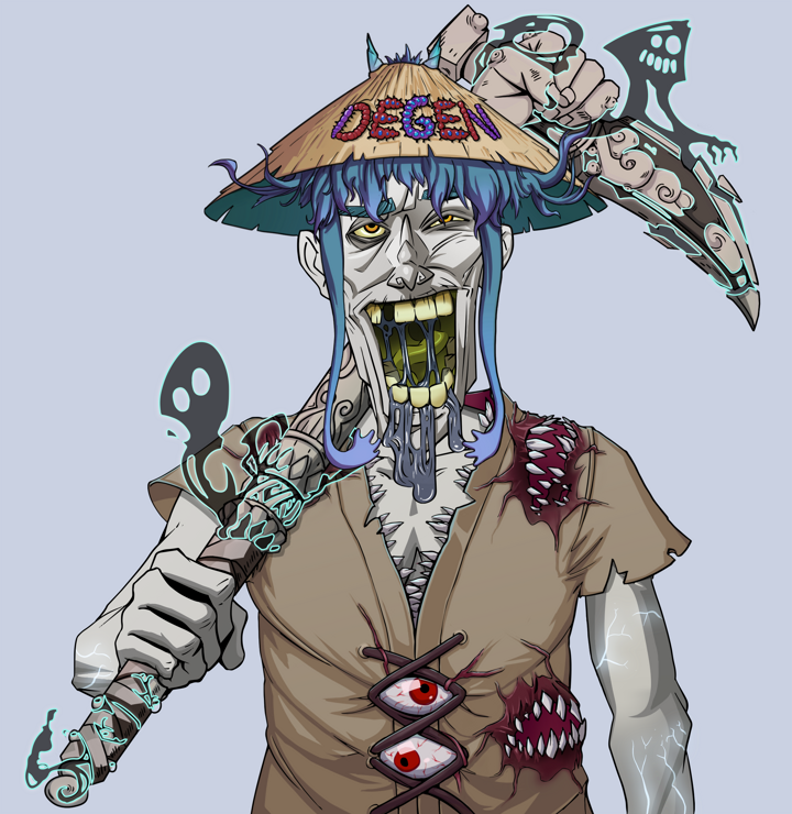 Yuuki — Degen Dojo NFT art (Shirtless Runt, Blue Evening, Demons, Rice Sack Rags, Yuuki, Degen Graffiti Rice Hat, Bronze Fisted Sickle, Mint)