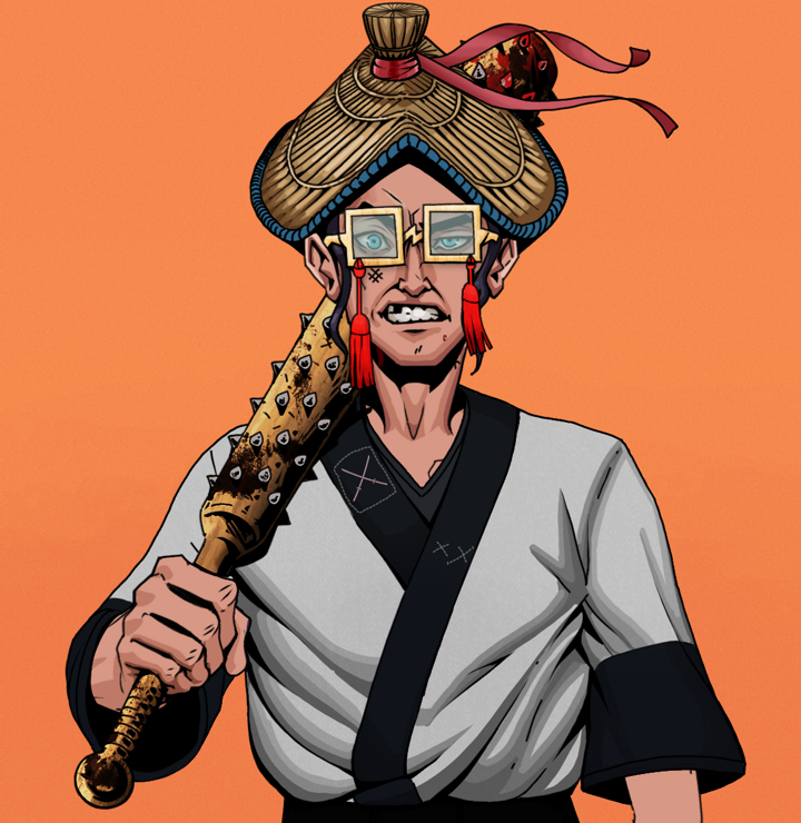 Akuma — Degen Dojo NFT art (Shirtless Runt, Orange Afternoon, Degens, Katana Kimono, Akuma, Shoji Tassel Glasses, High Straw Rice Hat, Yakuza Club, Mint)