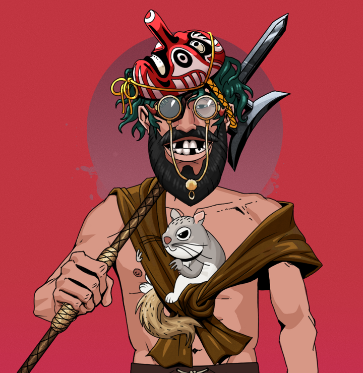 Igor The Veteran — Degen Dojo NFT art (Shirtless Runt, Red High Moon, Degens, Little Momonga Friend, Igor The Veteran, Pompous Glasses, Tengu Mask, Bishamon Yari, Mint)