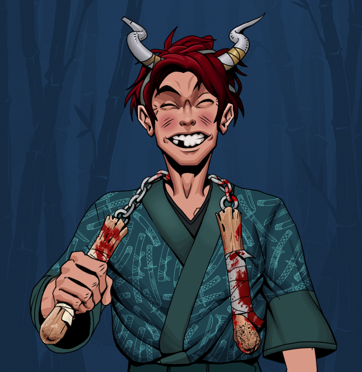 Cheery Haru — Degen Dojo NFT art (Shirtless Runt, Night Forest, Degens, Katanajamas Kimono, Cheery Haru, Grey Oni Horns, Bloody Nunchucks, Mint)