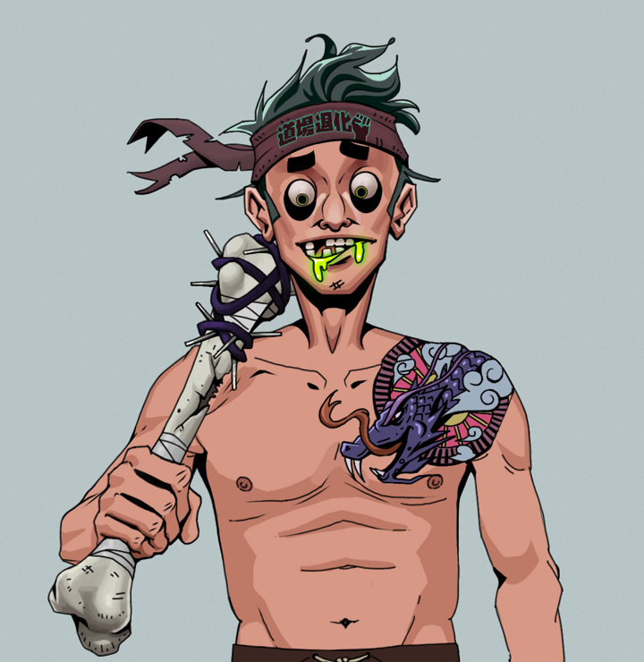 Toxic Azuma — Degen Dojo NFT art (Shirtless Runt, Light Grey, Degens, Dragon Head Tattoo, Toxic Azuma, Degen Dojo Headband, Spiky Femur, Mint)