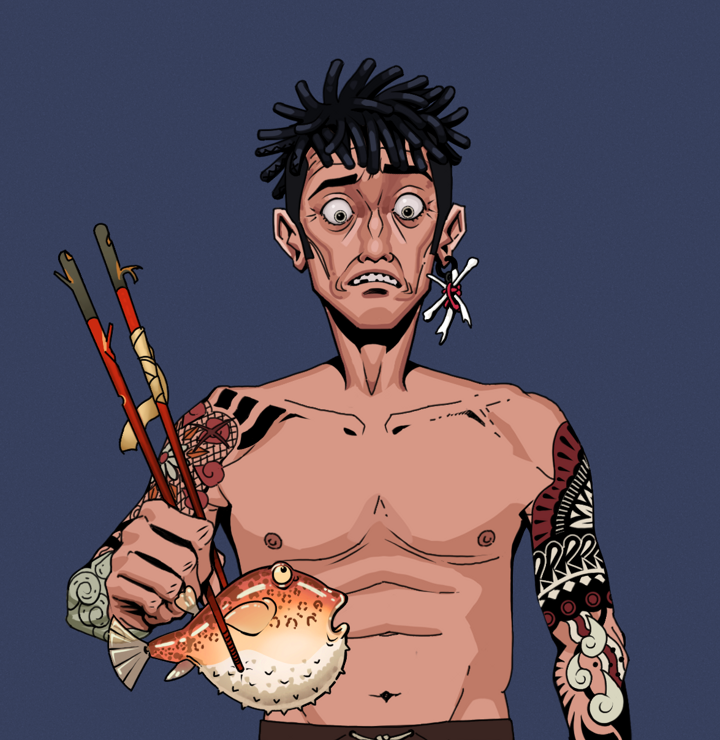 Shitless Botan — Degen Dojo NFT art (Finger Bones, Blue Evening, Degens, Yakuza Tattoo Sleeves, Shitless Botan, Shirtless Runt, Black Bantu Knots, Frightened Fugu, Mint)