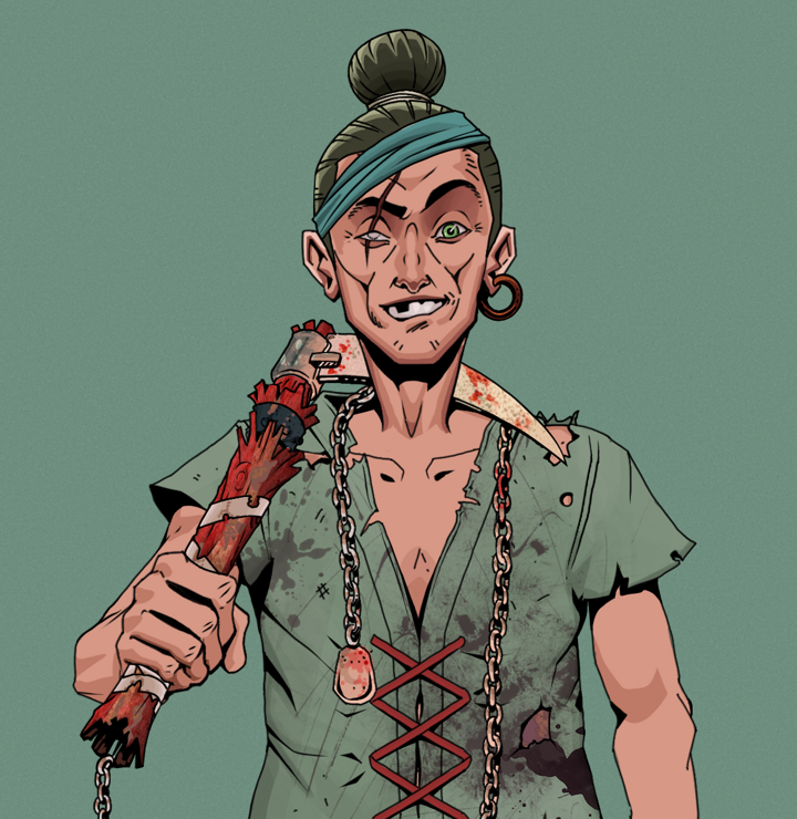 One-Eyed Itsuki — Degen Dojo NFT art (Wooden Loop, Olive Green, Degens, Dirty Peasant Rags, One-Eyed Itsuki, Shirtless Runt, Hair Bun, Rusty Kusarigama, Mint)