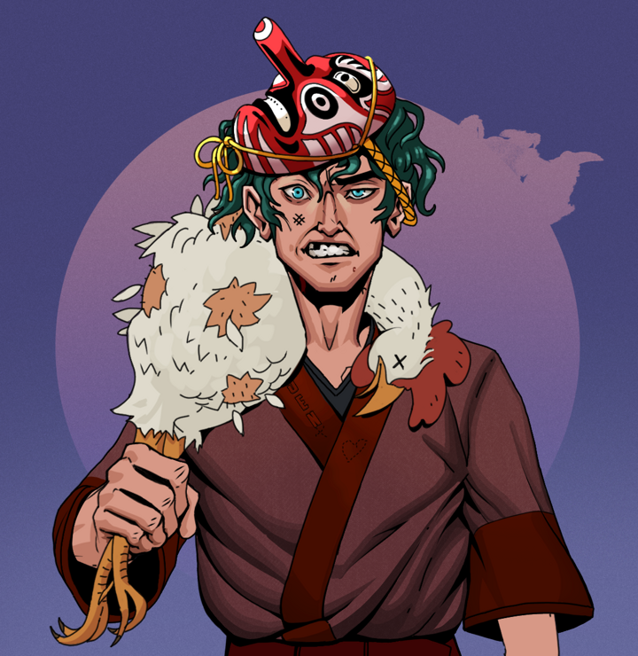 Akuma — Degen Dojo NFT art (Shirtless Runt, Purple Night, Degens, Proud Dejen Kimono, Akuma, Tengu Mask, Chicken, Mint)