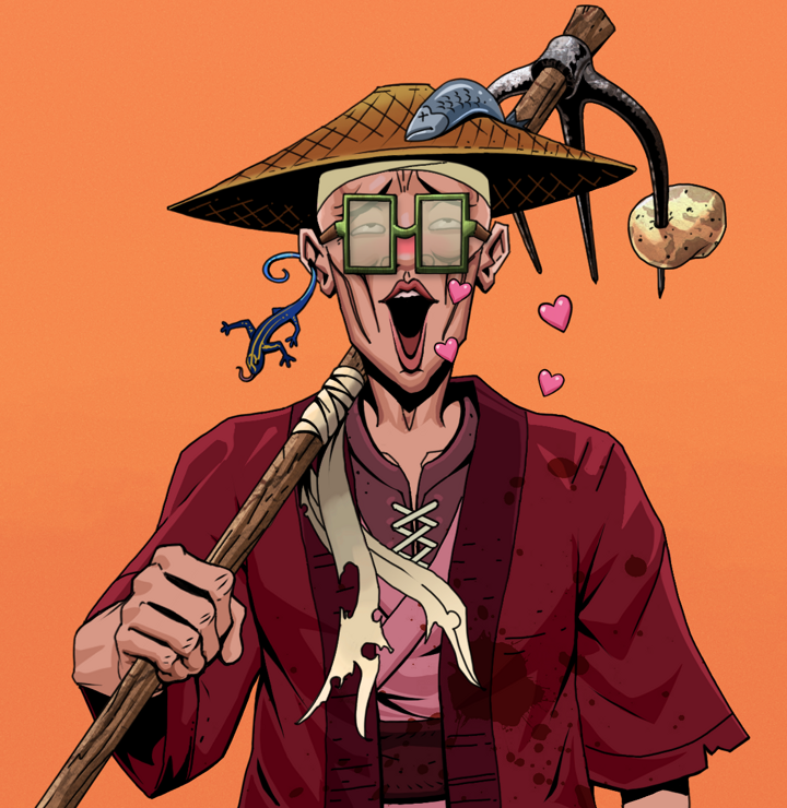 Lovey Haruto — Degen Dojo NFT art (Lizard, Orange Afternoon, Degens, Red Warrior Kimono, Lovey Haruto, Shoji Glasses, Wide Kasa Fisherman, Farmers Hoe, Mint)