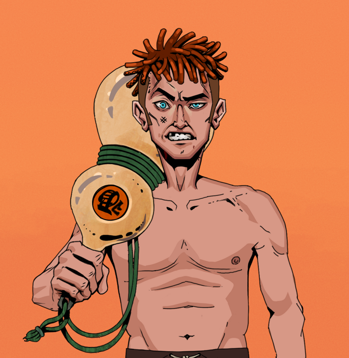 Akuma — Degen Dojo NFT art (Shirtless Runt, Orange Afternoon, Degens, Akuma, Orange Bantu Knots, Giant Sake Bottle, Mint)