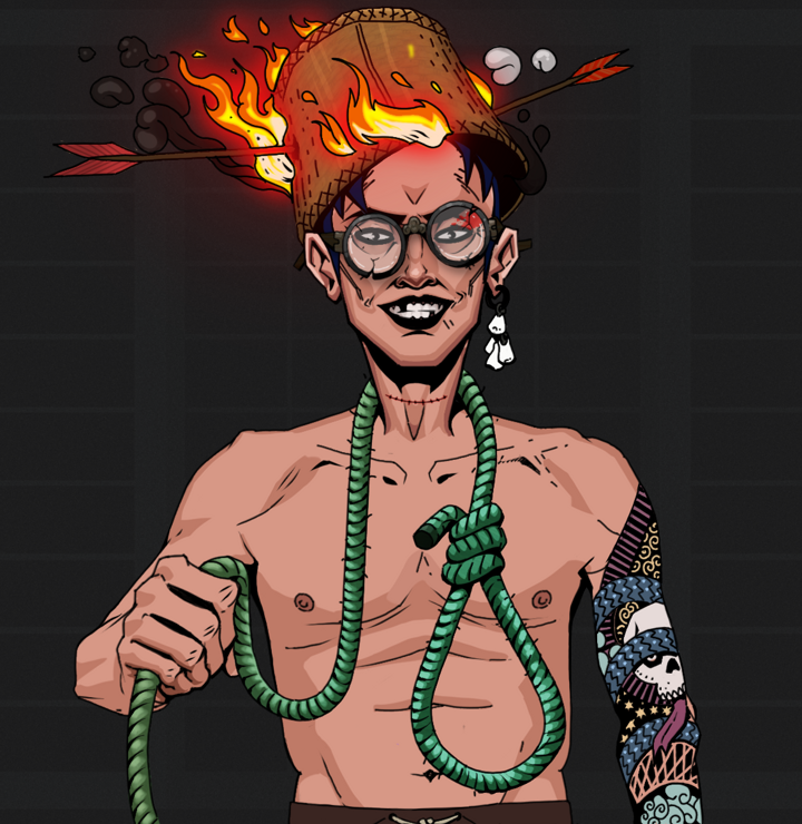 Junichiro Reborn — Degen Dojo NFT art (Foes Teeth, Shoji Night, Degens, Skull Sleeve, Junichiro Reborn, Bloodied Glasses, Burning Basket, Noose, Mint)